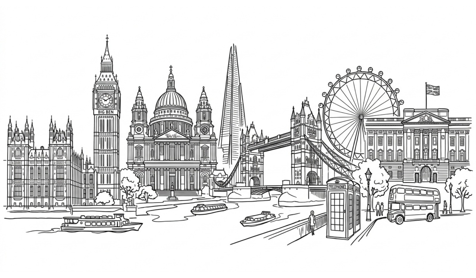 Illustration of London's landmarks, including Big Ben, St Paul’s Cathedral, Tower Bridge and the London Eye